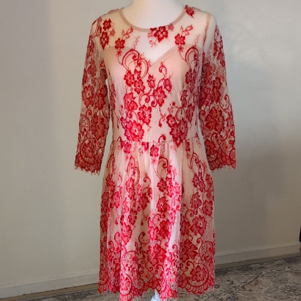 Soieblu Red Floral Lace A-Line Dress